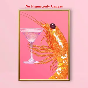 Wall Art Poster, Fashionable Shrimp Martini Print, Disco Cocktail Seafood Canvas Painting, Kitchen Decor, Restaurant Aesthetic Design, Unframed