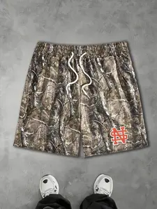 Men's Gorpcore Realtree Camo Shorts - Y2K Grunge Streetwear Loose Fit Shorts with Bold Red Logo, Elastic Waist Drawstring Casual Pants for Daily Street Style & Festival Outfits