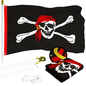 G128 Combo Pack: 5 Ft Tangle Free Aluminum Spinning Flagpole (White) & Pirate Jolly Roger Red Head Scarf Flag 2x3 Ft, ToughWeave Series Embroidered 300D Polyester | Pole with Flag Included