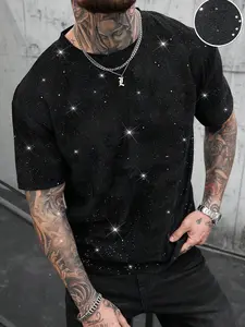 Men's Short Sleeve T-Shirt, Starry Night Glitter Graphic Design, Loose Fit, Silver Color Fabric, Streetwear Casual Style, Perfect for Parties and Daily Wear