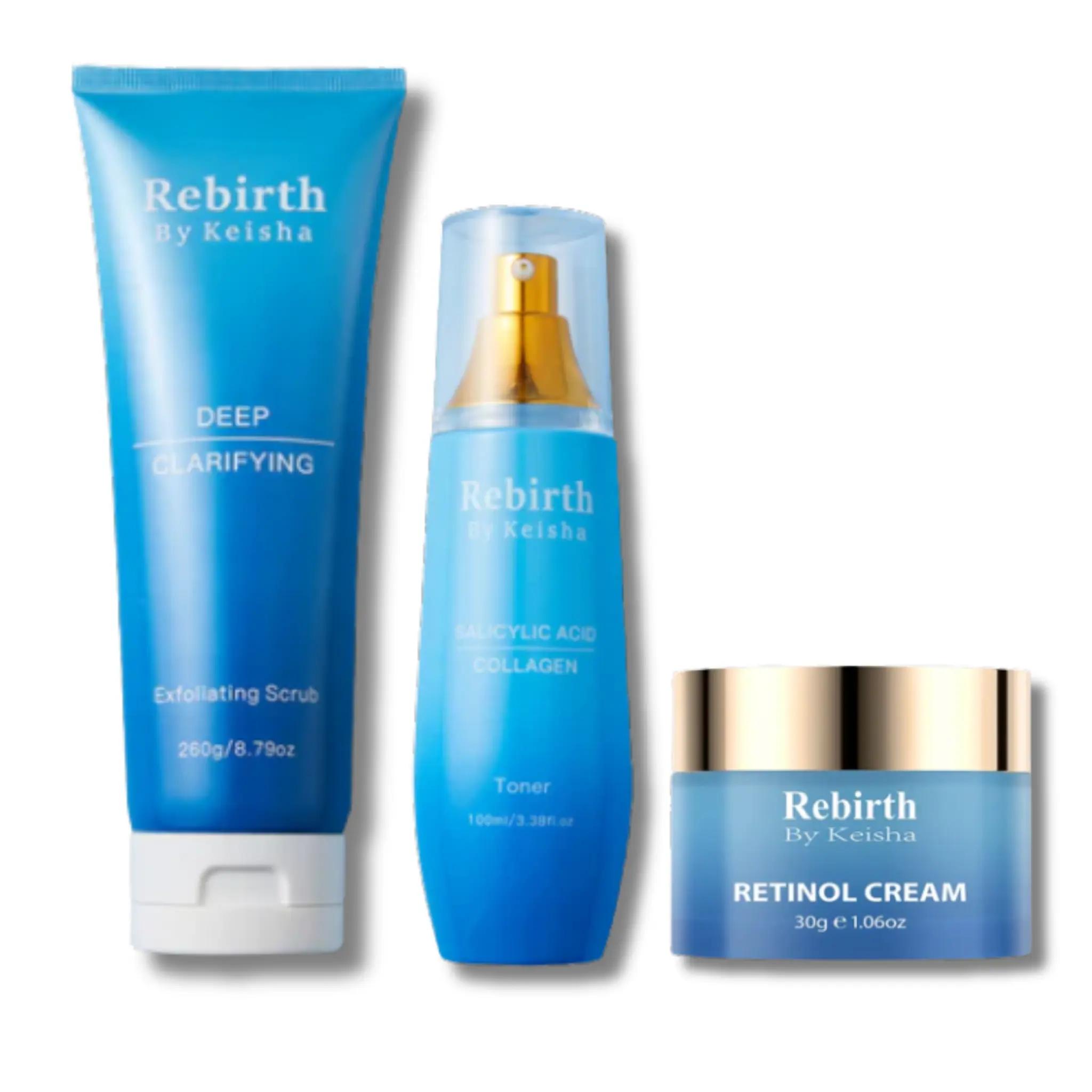 Rebirth by Keisha Fade & Glow Bundle - Deep Clarifying Exfoliating Scrub, Glycolic Acid Collagen Toner, Retinol Cream for Acne Treatment & Anti-Aging