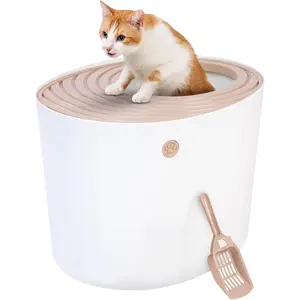 USA Cat Litter Box, Large Top Entry with Litter Catching Lid and Scoop, Dog Proof, Cat Box Enclosure, Beige/White
