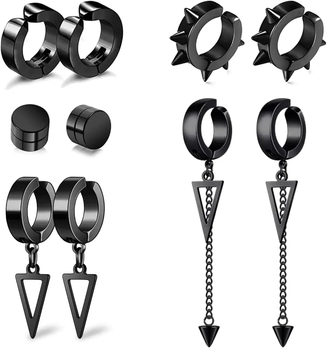 5 Pairs Black Stainless Steel Non-Piercing Spike Rivet Cross Dangle Tassel Clip on Hoop Earrings Set for Women Men Boy Girl, Non Pierced  Ear Clip Stud Earrings