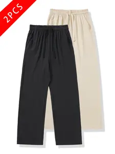 2-pack men’s summer casual athletic pants, 100% cotton linen, loose straight cut, lightweight, comfortable, breathable