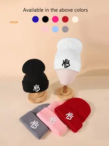 Unisex Letter NY Embroidered Knit Hat, Outdoor Casual Fitted Design, No Dome Border, Same Size for Men & Women, Fall Winter Wear