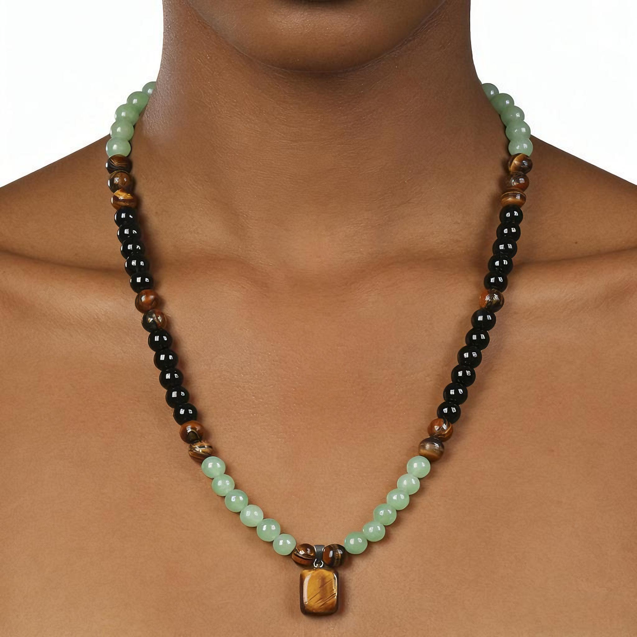 GEMRICH wealth necklace featuring a pendant set with green Dongling jade and tiger’s eye stone, infused with healing crystals; suitable for anniversary celebrations, vacations, and themed parties, and a gift that appeals to both men and women.
