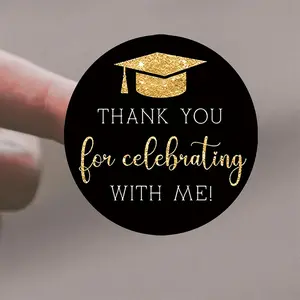 10sheets/1set  Black Round Label Stickers with Golden Graduation Caps and "THANK YOU" Text, Gratitude-themed Circular Stickers. Suitable for Graduation Celebrations, Ideal for Use as Gift Tags, Cards, Graduation Party Favors, graduation decoration