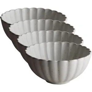 4-Piece 6-Inch 16-Oz Handmade Glazed White Ceramic Classic Petal-Shaped Flower Bowls - Durable, Stackable, Elegant Tableware, Dishwasher Safe, Microwave Safe