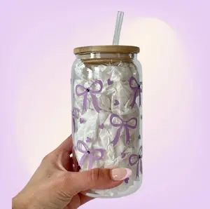 16 oz Rhinestone Bow Libbey Glass Cup with Bamboo Lid & Straw