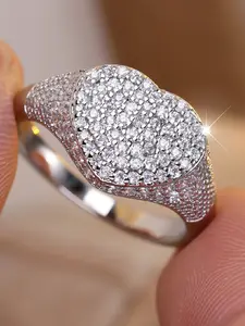 Exquisite Heart Design Rings- Synthetic Zirconia Inlay Stackable Rings for Women & Girls Holiday Party Engagement Rings, Perfect for Wedding Jewelry, Daily Wear Anniversary Valentine's Day Gift, Heart Shaped Ring, Copper Inlaid Zircon