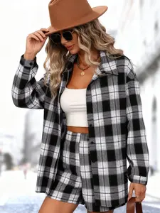 Two piece casual women's plaid shirt jacket plaid shorts set, suitable for autumn and winter, suitable for home, indoor, and outdoor wear Casual Fashion Set