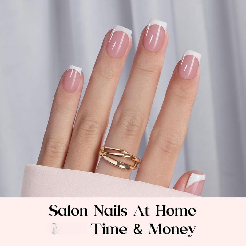 Beetles X Press Plus On Nails Kit - 150Pcs Short Square French Tip Press On Nails with Nail Glue, Remover, Builder Top Coat & Mini Nail Lamp for DIY Fake Nails Gift