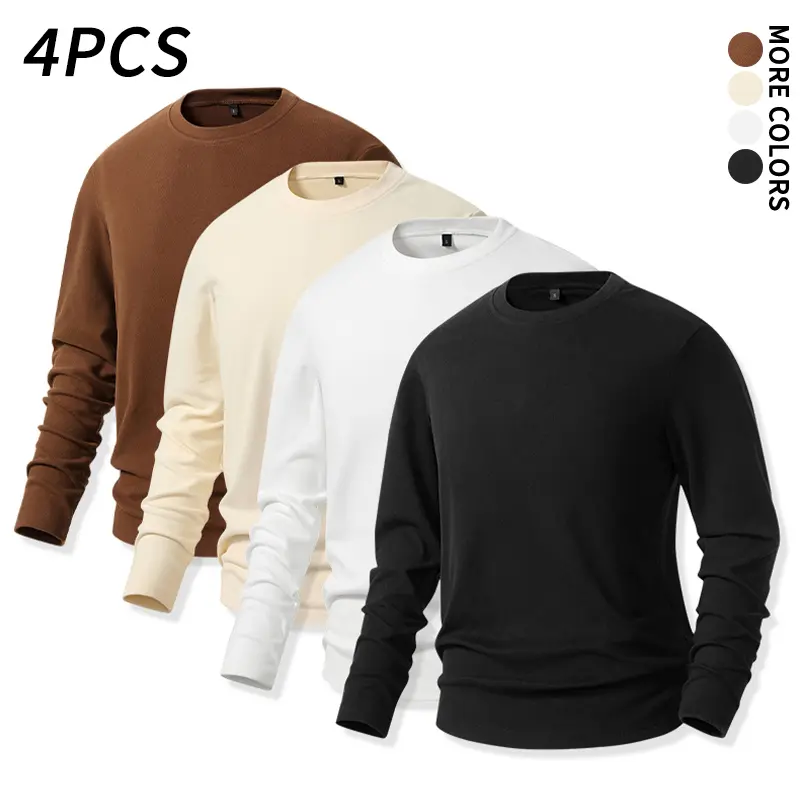 4PCS long-sleeve T-shirts in coffee, cream, black, and earth tones; cloud-soft, buttery-smooth slim fit base layer for home loungewear, outerwear layering under suits, and versatile wear for short trips and various occasions.