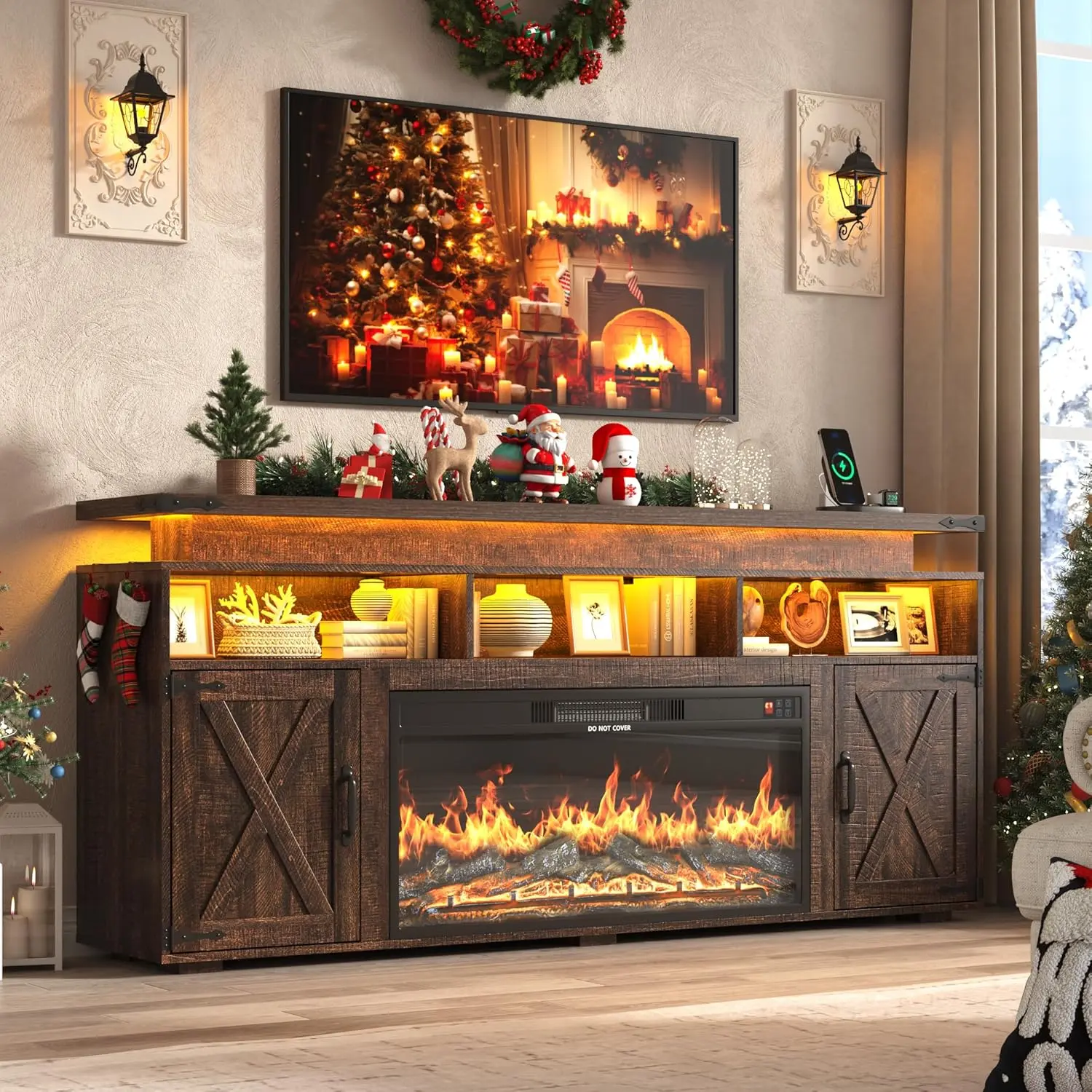 70.8" TV Stand + 36" Fireplace (Brown)