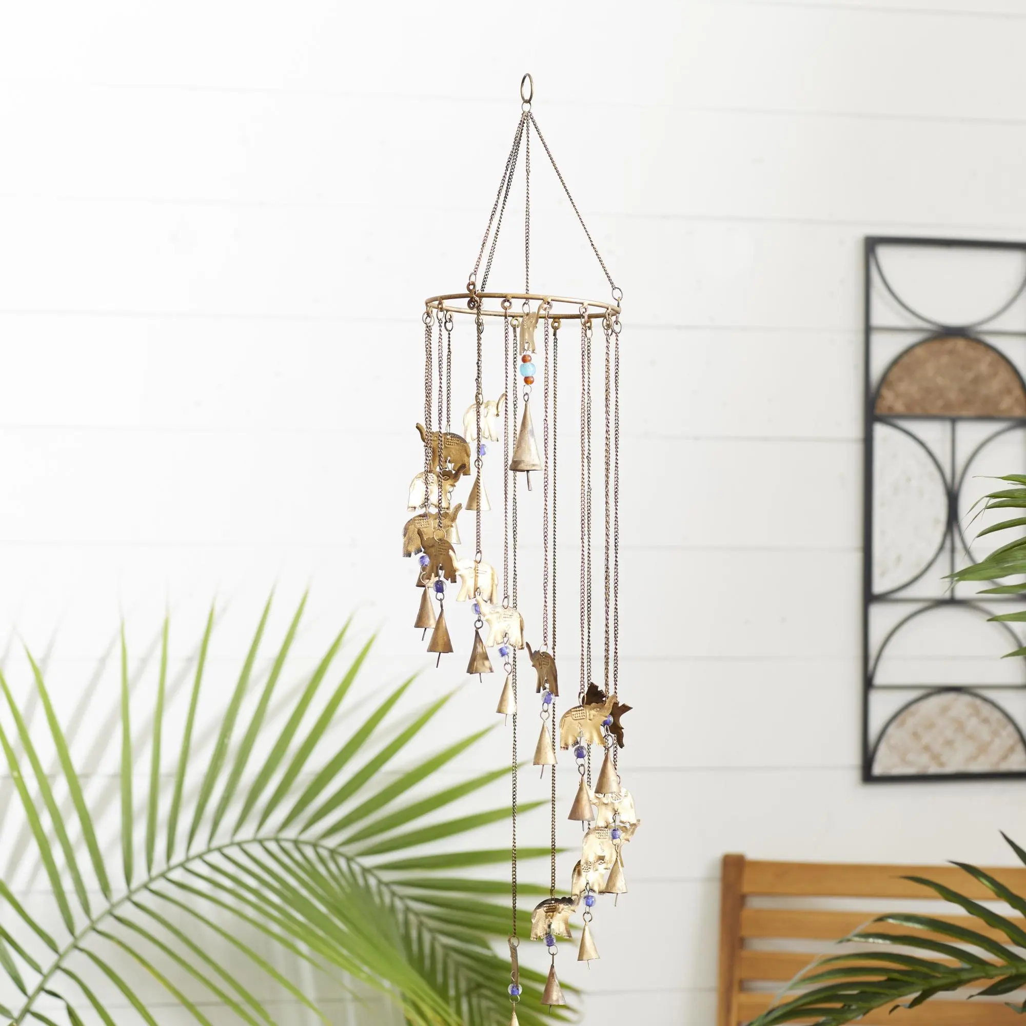Eclectic Elephant Brass Metal Chime with Beads, Cone Bells, Iron Base - Vertical Cascading Eclectic Home Decor for Indoor-Garden Use, Free-Spirited Charm, Soothing Sound for Relax and Rejuvenated Home Improvement