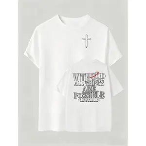 Men's Heavyweight 230gsm Cotton Vintage Washed T-Shirt - Dual-Sided "with God All Things Possible" & Cross Print, Loose Fit Hip Hop Streetwear, Round Neck Short Sleeve Casual Tee for Casual Attire, Ribbed Neckline Shirt Crewneck Knit Fabric Tshirt Knit