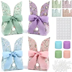 36-Piece Easter Bunny Party Favor Bags & DIY Gift Boxes - Floral Decor, Light-Up Rabbit Ears, Bow, Tail Accents - Bulk Paper Treat Goodie Candy Bags for Easter Spring Party Supplies