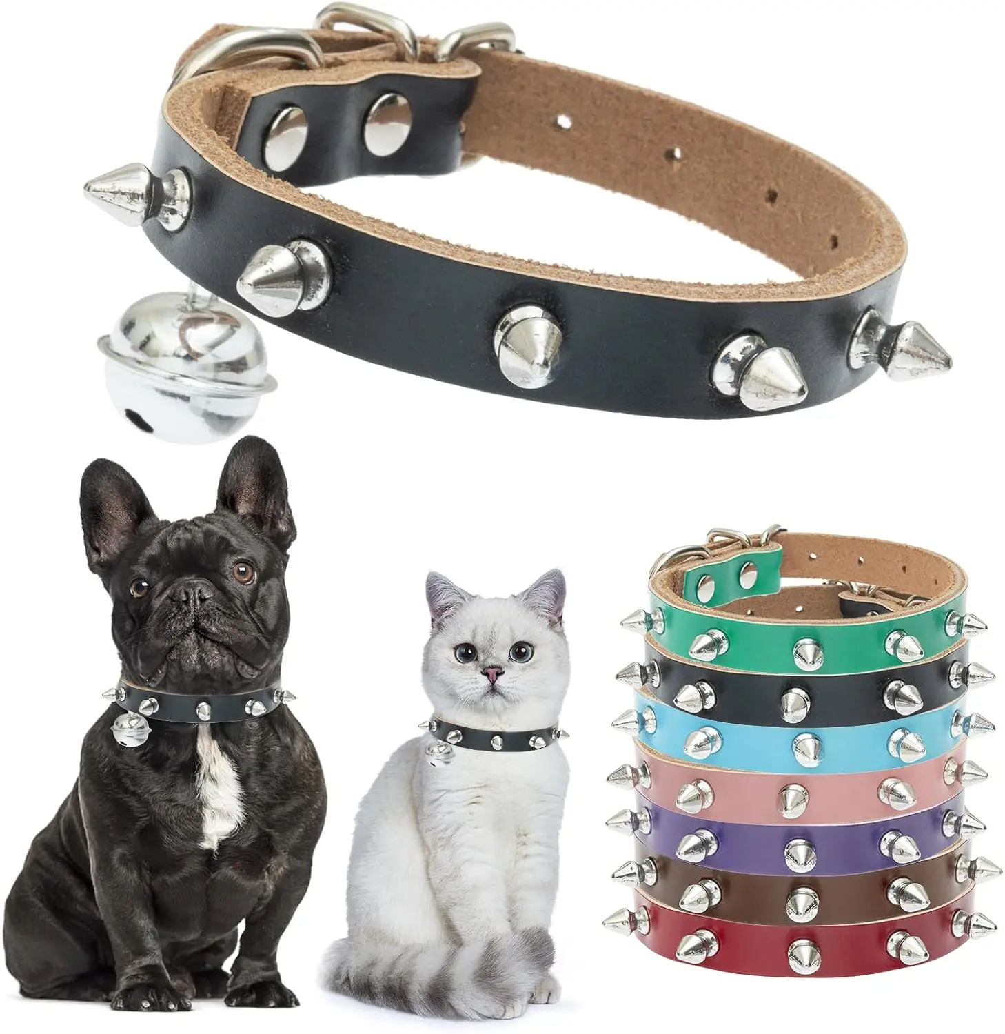 Spiked Leather Cat Collar with Bells, Studded Dog Collar with Buckle, Soft Goth Kitten Collars with Spikes Adjustable, Punk Gothic Pet Accessories for Small Dog Puppies, Black 7.9 "- 10.2"