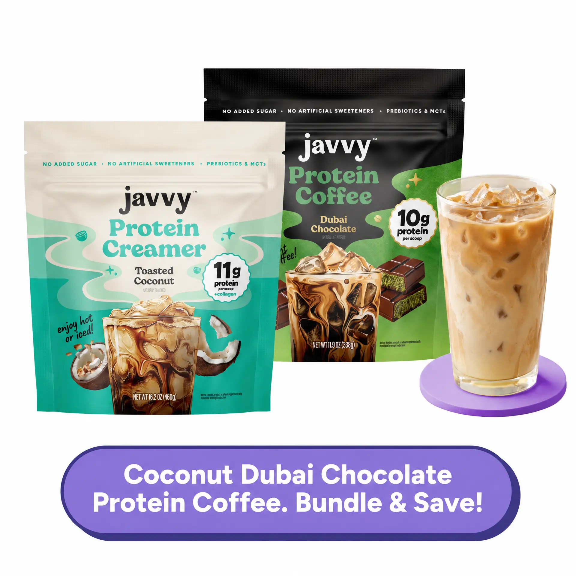 Javvy Coconut Dubai Chocolate Latte TikTok Exclusive Bundle Dubai Chocolate Protein Coffee and Toasted Coconut Collagen Protein Creamer Premium Whey Protein Instant Mix, 100% Natural, No Artificial Flavors & Sweeteners, No Added Sugar, 80 mg Caffeine