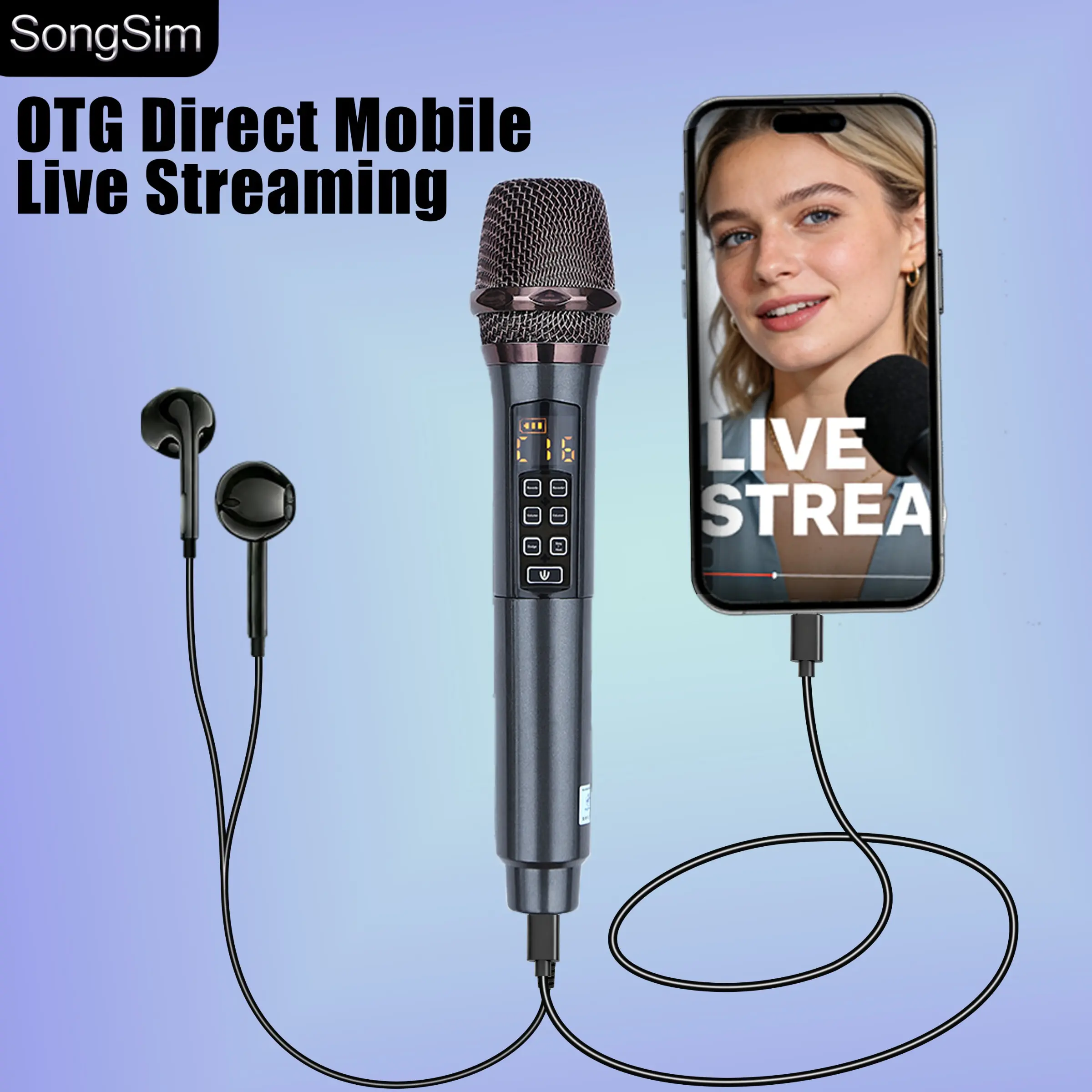Songsim Multifunctional Live Streaming Sound Card Microphone, Live Streaming Equipment, Integrated Dsp Chip, Dynamic Core, OTG Lossless Transmission, One-Touch Mute