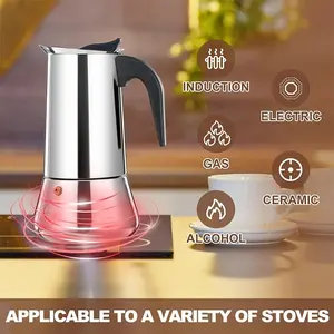 Elegant Metal Surface Moka Pot, Stainless Steel, Handle Manual Espresso Coffee Maker, Durable Filter, Induction Compatible