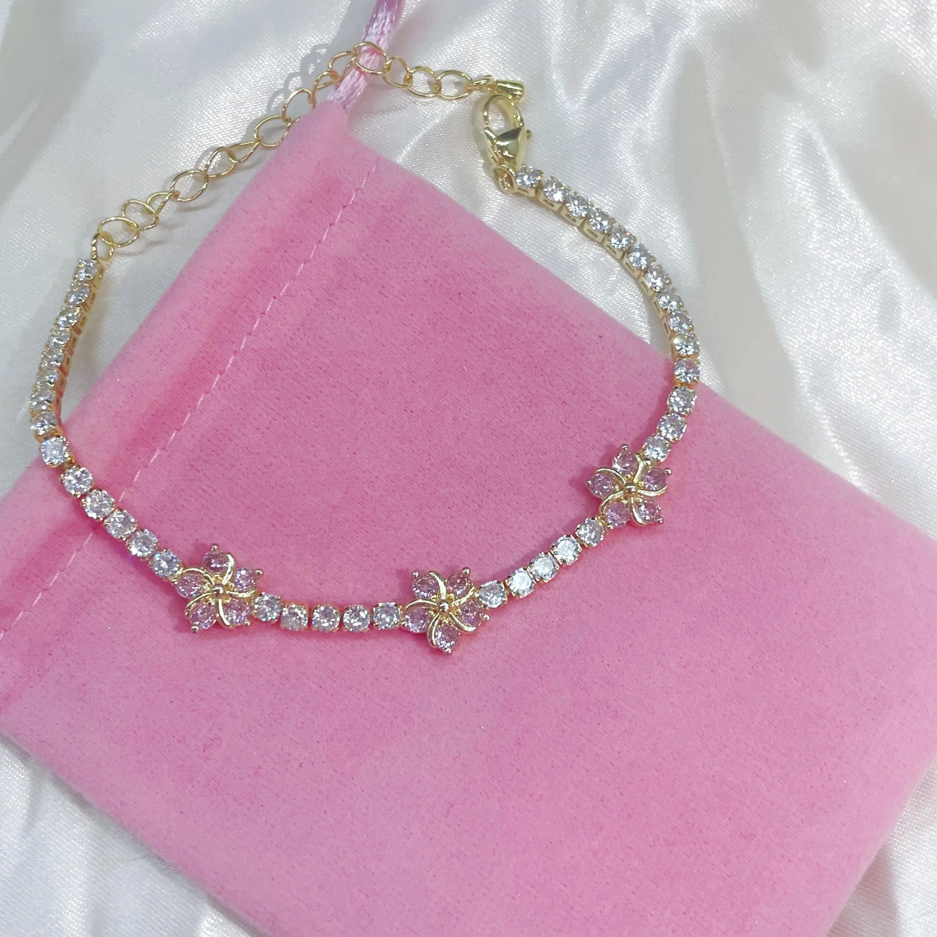 Pink Flower Tennis Adjustable Chain Charming Luxury Bracelet - Best Gift for Summer Birthday Girl & Women with Colorful Gemstones