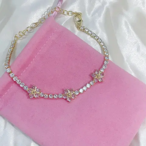 TMANI Pink Flower Bejeweled Style Tennis Charm Bracelet with Colorful Gemstones - Adjustable Chain Fashion Jewelry Accessories, Modern Versatile Accessories for Women, Summer Birthday Anniversary Gifts