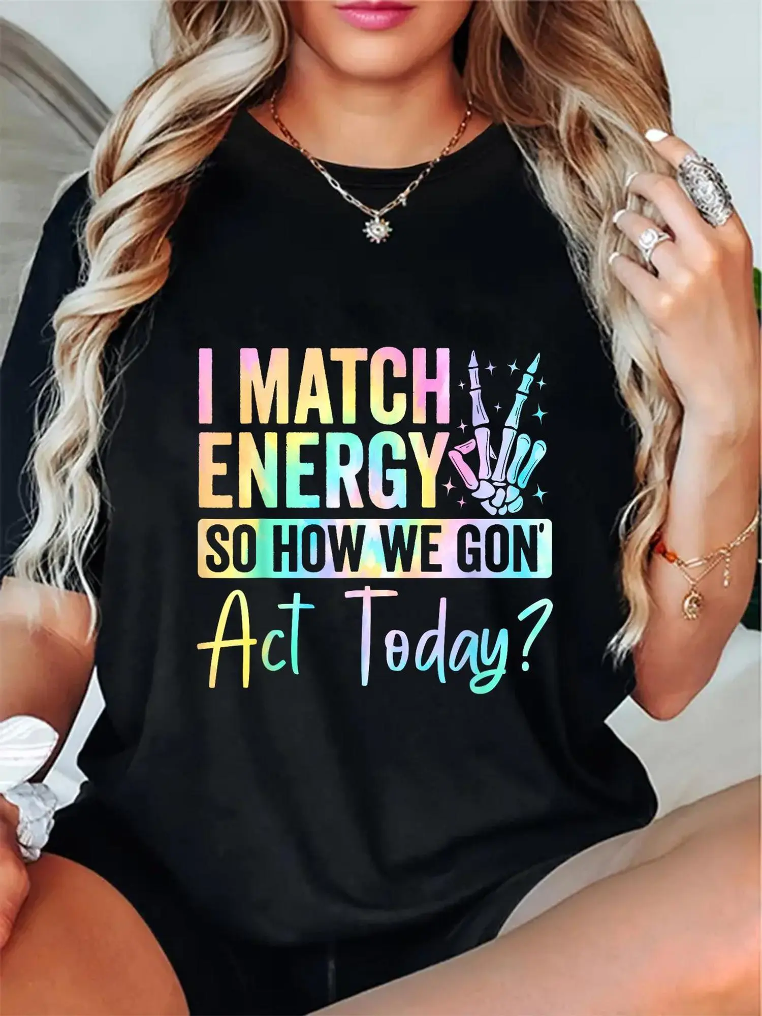 Women's "I Match Energy So How We Gonna Act Today?"Graphic T-Shirt - Black with Colorful Letter Print & Peace Signs, High-Quality Machine Washable Fabric, Casual Short Sleeve Round Neck Summer Tee for Casual Attire, Relaxed Fit Shirt| Playful Lettering