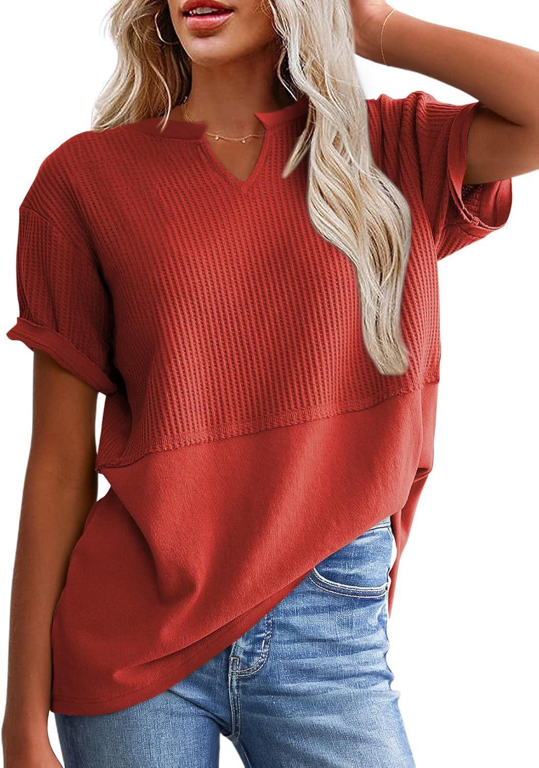 Women's Loose Fit Waffle Knit Splice V-Neck Top | Casual Trendy Short Sleeve Shirt.