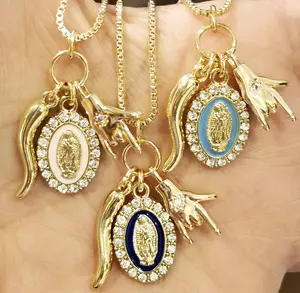 Gold Virgin Mary Necklace Italian Cornicello Horn Mano Cornuto Protection Good Luck Amulet Spiritual Talisman with Enamel Crystal Stones Engraved Star Gold Plated Brass