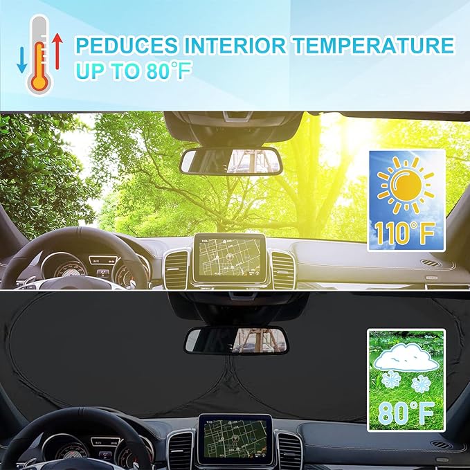 Truck Front Windshield Sun Shade  – 240T Thickened Reflective Sunshade, Blocks 99% Heat & UV Rays, Foldable Windshield Sunshade Keeps Vehicle Interior Cool