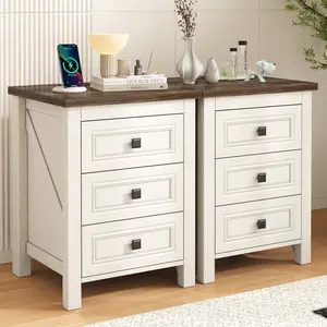 Nightstand Set of 2, bedside table with charging station, White farmhouse 3 drawer nightstand Rustic night stand end tables for bedroom Living Room