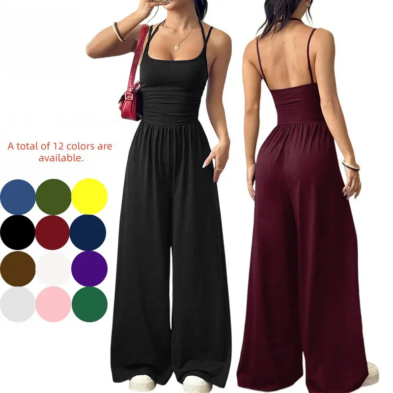Women's Sleeveless Jumpsuit, Pleated Waist Wide-Leg Pants, One-Piece Sexy Backless Design, All Seasons Fitted Organic Textile.
