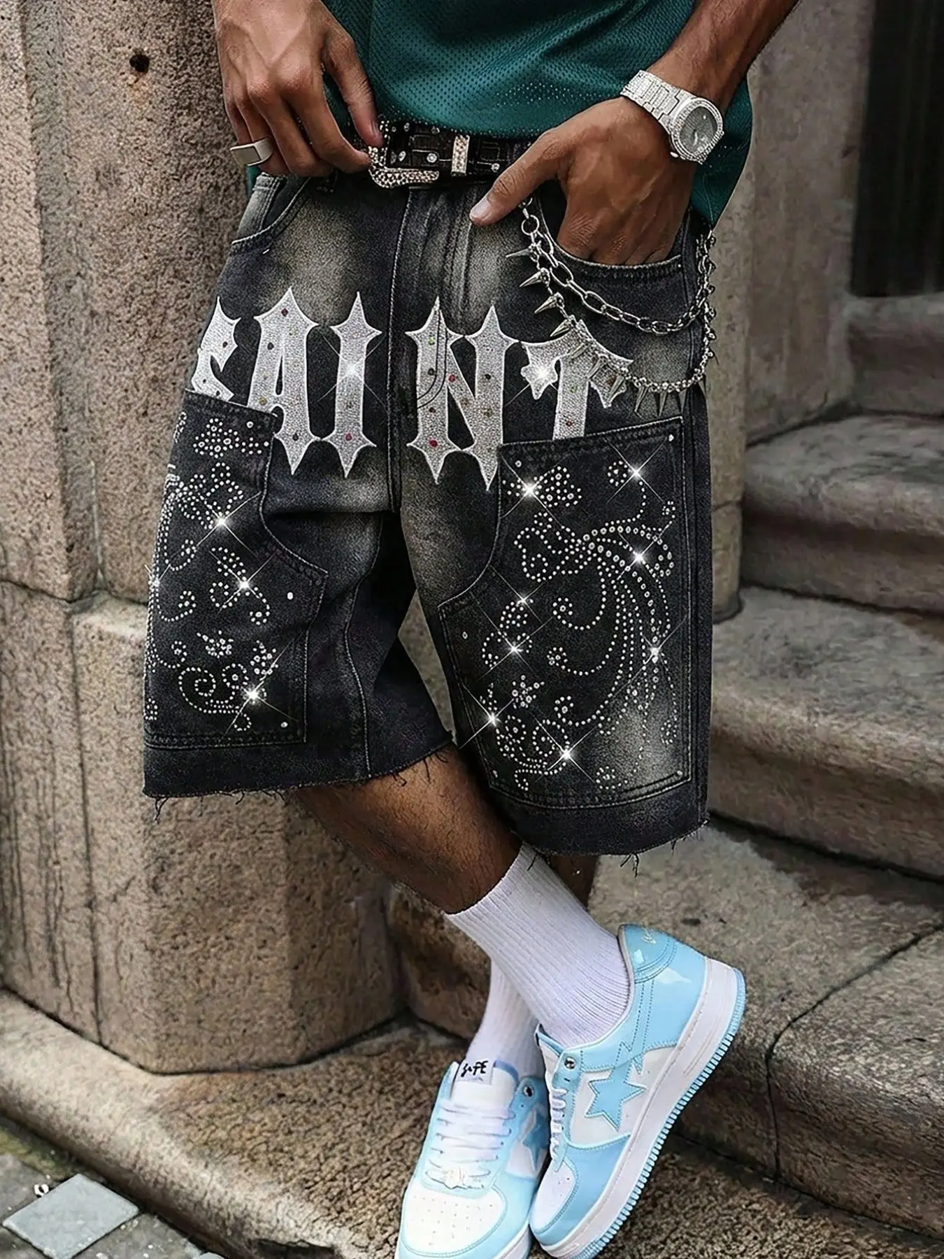 Men's Gothic Letter Rhinestone Paisley Denim Shorts, Loose-Fit Above-The-Knee, Casual Button Fly, Streetwear Party, Summer Fashion, Menswear