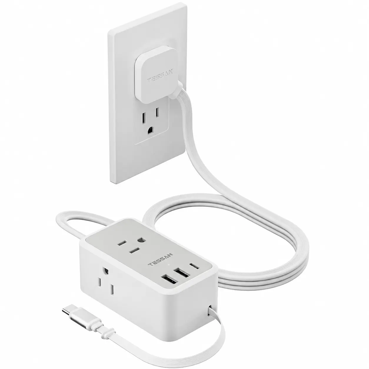 TESSAN Small Flat Plug Power Strip, Ultra Thin Extension Cord 5 ft, Grey | 3 AC Outlets 3 USB (1 USB C), 1 Retractable USB C Cable, Wall Outlet Extender, NO Surge Protection, for Cruise Travel
