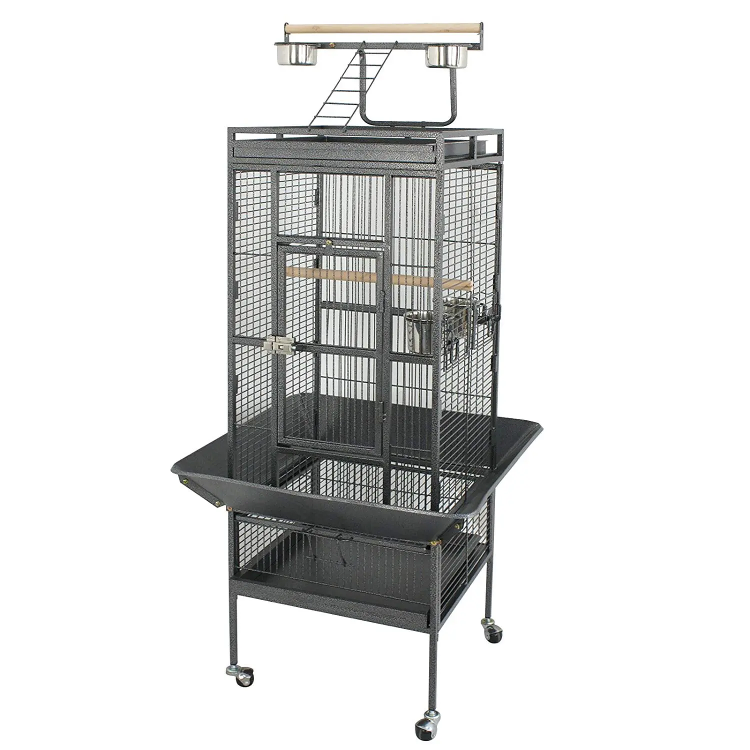 Wrought Iron Large Bird Cage for Large Birds - 61-Inch (45.8 x 45.5 x 83.5 cm), Industrial Look, Steel Rolling Casters for Quiet Movement, Heavy-Duty Lockable Door, Easy-Clean Wood Accents for Mess Control, Black Pet Play House