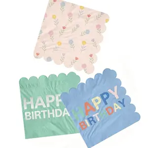 160 Pcs Multi Happy Birthday & Floral Paper Napkins, Scalloped Edge Disposable Dinner Hand Napkins, Ideal for Birthday Party Supplies, Table Decor for Men & Women