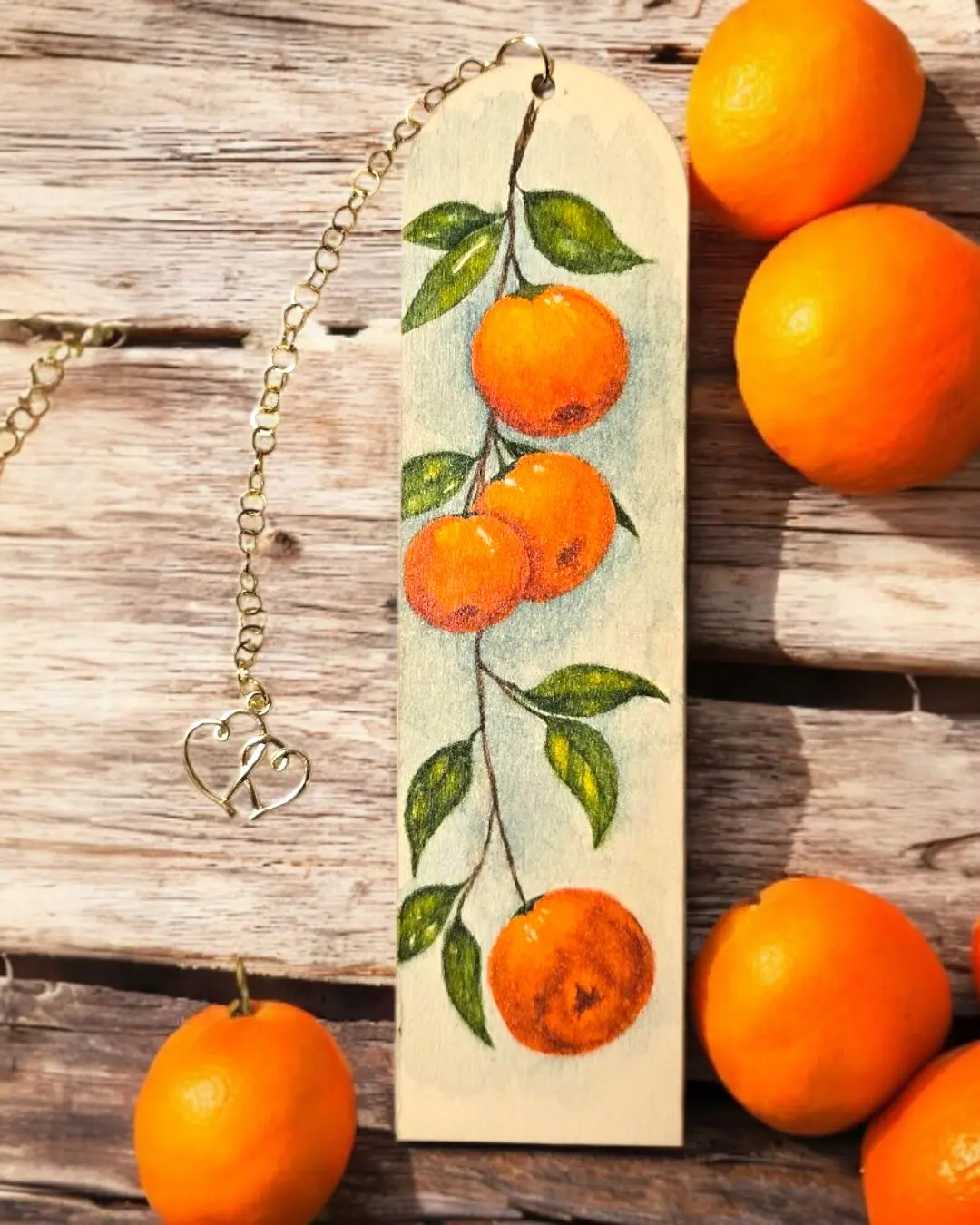 Golden Grove Hand-Painted Wood Bookmark with Watercolor Oranges & Unique Charm - Perfect for Readers & Gift-Givers