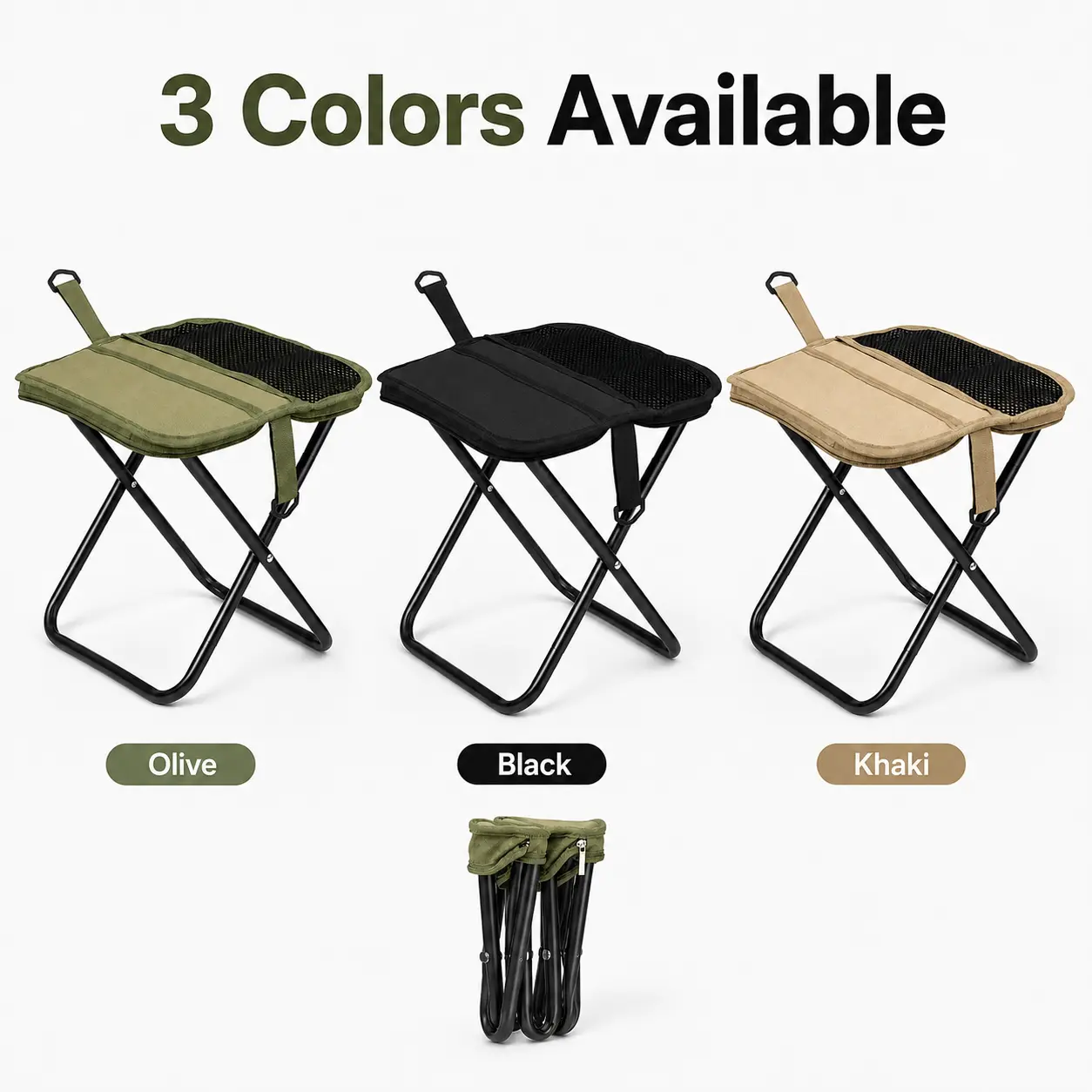 Portable Folding Seat with Front Storage Organizer, Breathable Mesh Panel, Reinforced Fabric Surface and Compact Metal Base