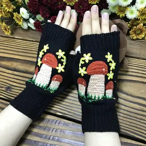 Women's Acrylic Embroidery Mushroom Motif Winter Warm Half-Finger Casual Gloves - Cold-Proof Mittens for Weekend Use