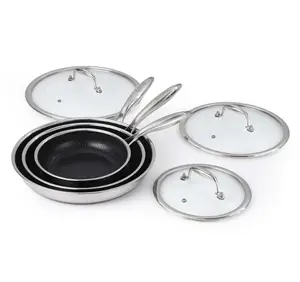 6-Piece Tri-Ply Steel Nonstick Fry Pan Set with Glass Lids for All Cooktops, 8/10/12 Inch, Black