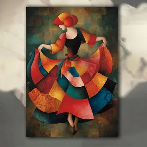 2D Flat, 1pc Fernando Botero Spanish Flamenco Dancer Art Print - Large-Eye View Bohemian Abstract Dancing Woman Poster in Botero Style (Red, Orange, Blue, Yellow, Green, Brown) Wrapped Canvas Framed Wall Decor for Spanish Dance Lovers, Christmas	