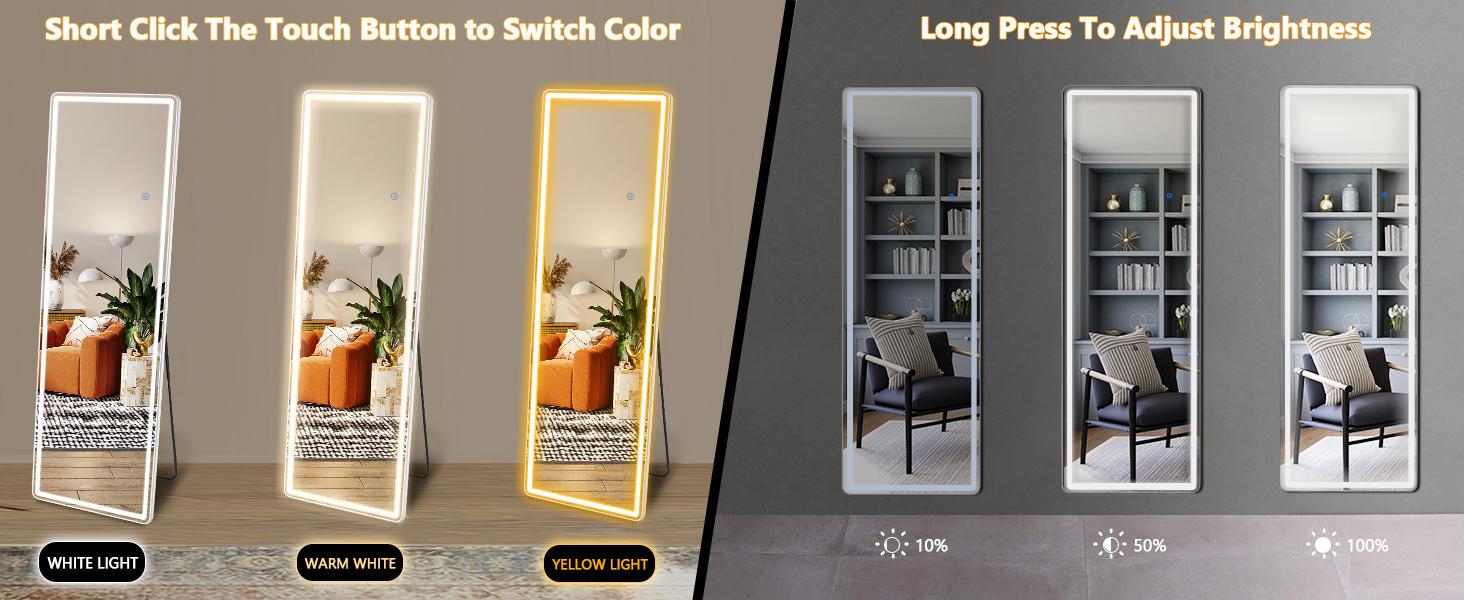 [LIVE5]64"x21"Full Length Mirror with LED Lights,  Lighted Floor Standing Mirror Wall Mounted Hanging Mirror & 3 Color Lighting Decor