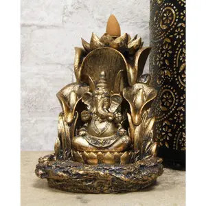 Ebros Golden Hinduism Avatar Ganapati Lord Ganesha with 4 Hands Seated On Lotus Throne Backflow Cone Incense Burner Statue 5.25" Tall Hindu Vastu Wisdom and Prosperity Altar Decor Figurine