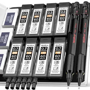 Nicpro 0.5 mm & 0.7 mm Mechanical Pencil Set with Case, MP2000 Metal Artist Mechanical Pencil With 4 Tube HB 2B Lead Refills, Eraser, Weatherproof Barrel for Outdoor Writing Drafting Sketching