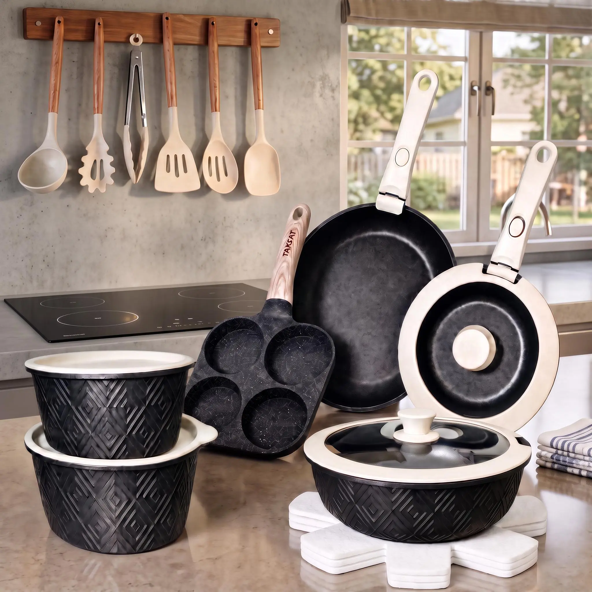TAKSAT-19/21pcs Non-Stick Pots and Pans Set with Detachable Handle, Oven Safe, Stackable, Non-Stick RV Kitchen Cooking Set Modern Aluminum Dishwasher Safe Cookware