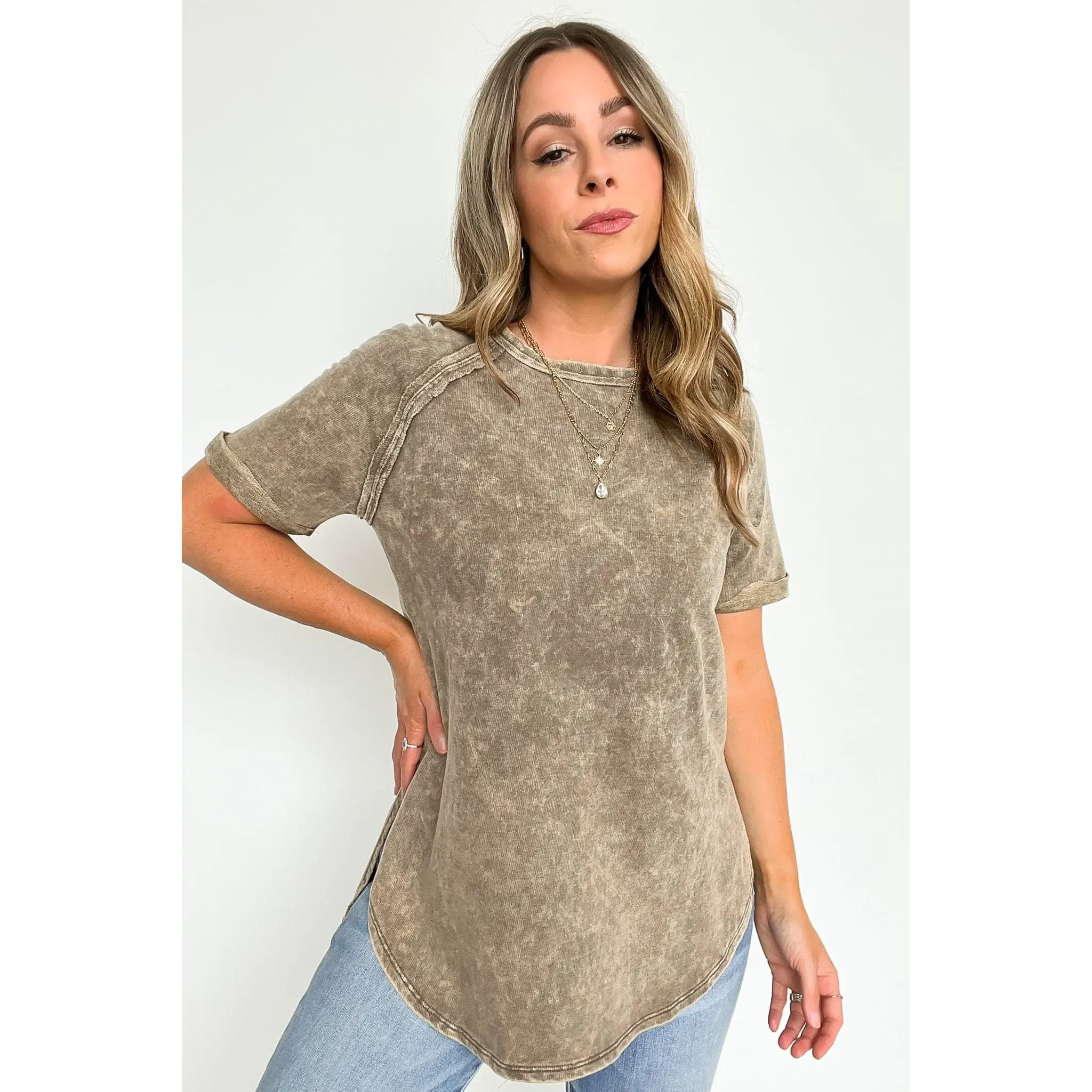 Ashlie Acid Wash Rolled Sleeve Top