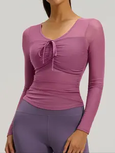 Women's Mesh Long Sleeve T-Shirt with Fixed Padding, Ideal for Yoga Sports Fitness, Comfortable and Breathable Workout Top, Contrast Mesh