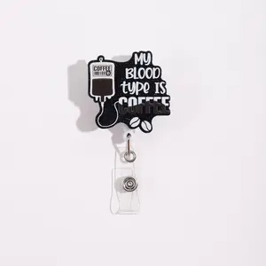 Fun Coffee-Themed Retractable Badge Reel, Glitter Background with Liquid Bag Design, Perfect for Expressing Love for Coffee
