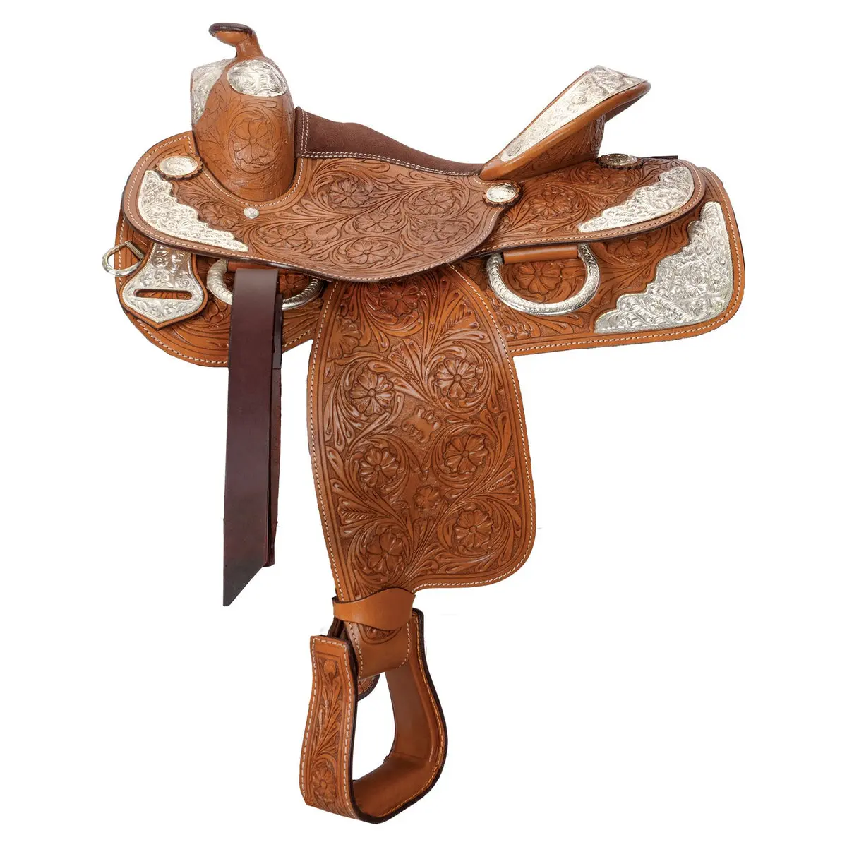 Western Show Saddle for Youth Riders with Suede Seat and Rosette Tooling, Well-Balanced Entry-Level Design for Close Contact, Western Riding, Youth Fit, Better Connection, Cut-Away Under Fenders, Engraved Silver-Plated Trim, Lightweight, Versatile